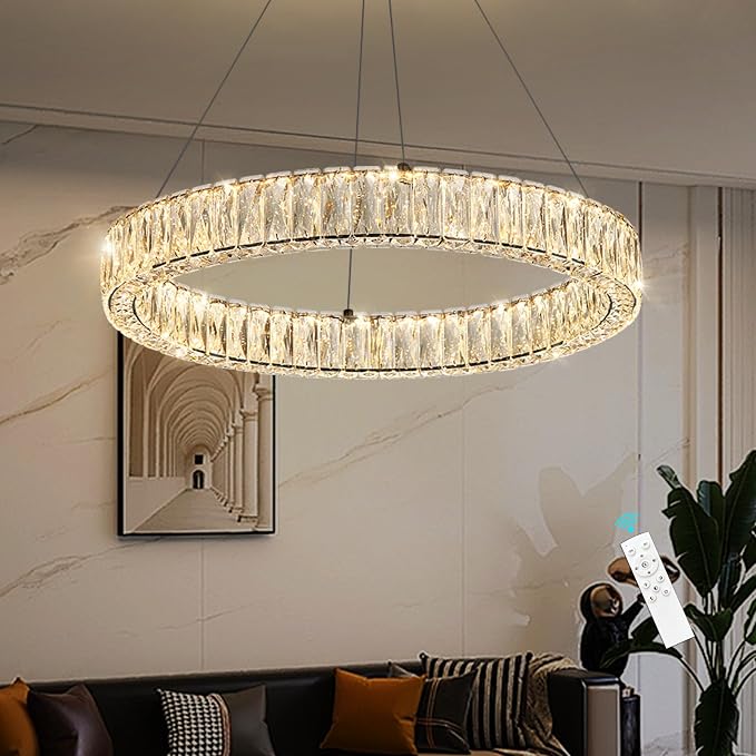 HAIXIANG Modern Crystal Chandelier Dimmable LED Ring Pendant Lights Adjustable