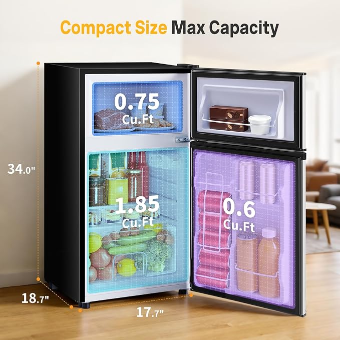NEWBULIG Mini Fridge with Freezer, 3.2 Cu.Ft Fridge for Small Space, Silver | Double Door Compact Refrigerator, 7-Level Thermostat, 41 dB Quiet, 0.8 kWh Daily, Dorm, Office, Apartment