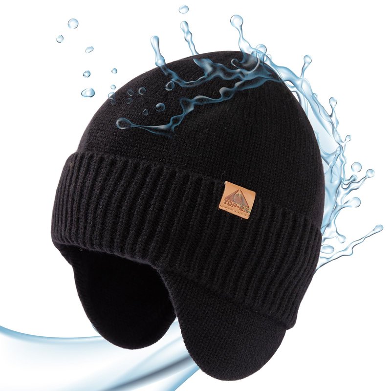 TOP-EX XL/XXL Merino Wool Waterproof Beanie for Men Women with Ear Flap Winter Fleece Lined Beanie Outdoor Skiing Hat Black M/L