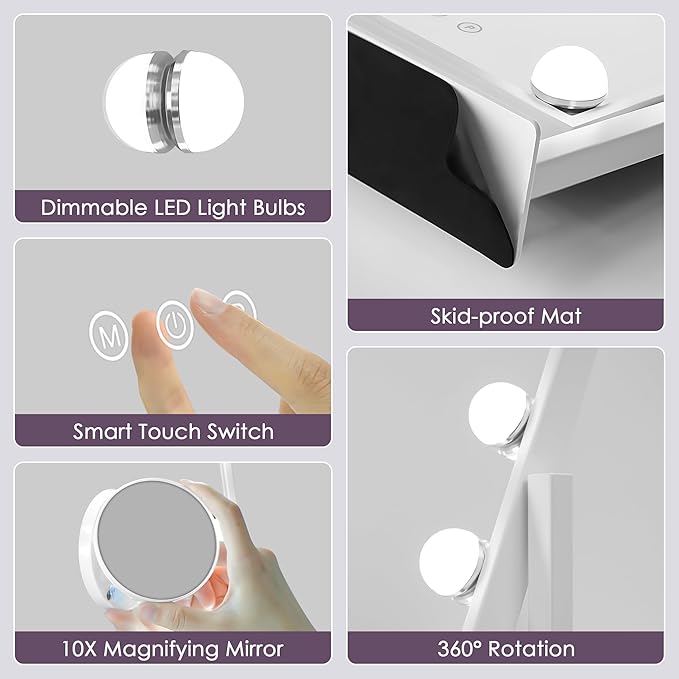 Sucedey Vanity Mirror with Lights, Makeup Mirror with Lights, 3 Color Lighting Modes Detachable 10X Magnification Mirror Touch Control, 360°Rotation, White
