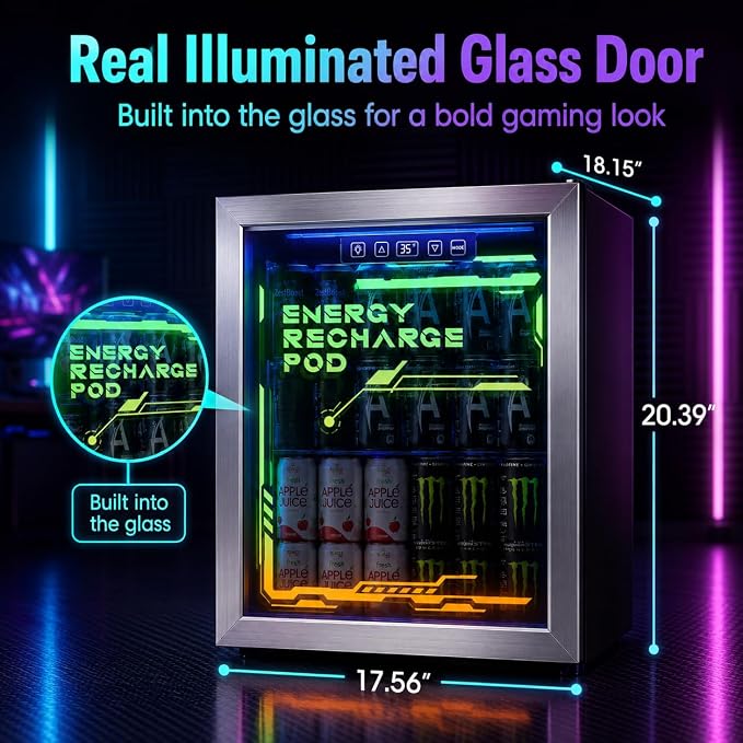 Tehanld Lighted Beverage Refrigerator, 68-Can Gaming Mini Fridge | RGB illuminated glass door, 1.8 cu.ft, 35-65°F digital control, quiet drink cooler for bedroom, game room, home bar