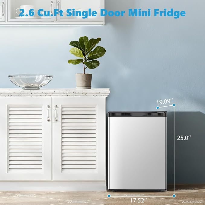 COWSAR 2.6 Cu.Ft Mini Fridge with Freezer for Bedroom Dorm, Silver | Single Reversible Door, 7 Temperature Settings, Energy Saving, 2 Removable Glass Shelves, Small Refrigerator for Apartment