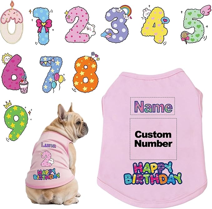 Custom Dog Birthday Shirt,Personalized Pet Apparel Print with Name Age Number,Pet Birthday Outfit,Lightweight Breathable Cotton Vest for Small Medium Large Dogs Cat (Pink, Large)