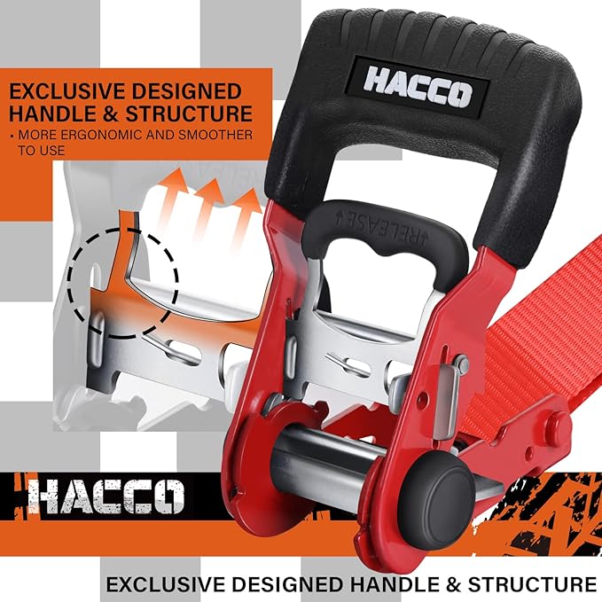 HACCOPLANET Ratchet Straps, 5280lb Break Strengeth, 1.6" Heavy Duty Ratchet Tie Down Strap Set w/Padded Handle, S Hook, Soft Loop for UTV Motorcycle Truck Cargo Straps (Red, 8FT)