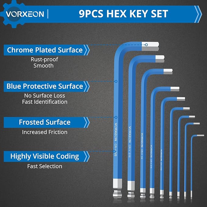 9 pcs SAE Hex Key Set 1/16 to 3/8 inch, Imperial Allen Wrench with Long Arm Ball and Flat End Visible coding for Bike Repair, Automotive and Home DIY