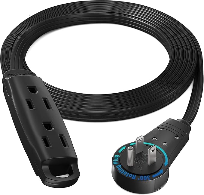 Maximm 360 Degree Rotating Flat Extension Cord 6 Ft Multi 3 Outlet Power Cord Grounded 16 AWG UL Certified, Black