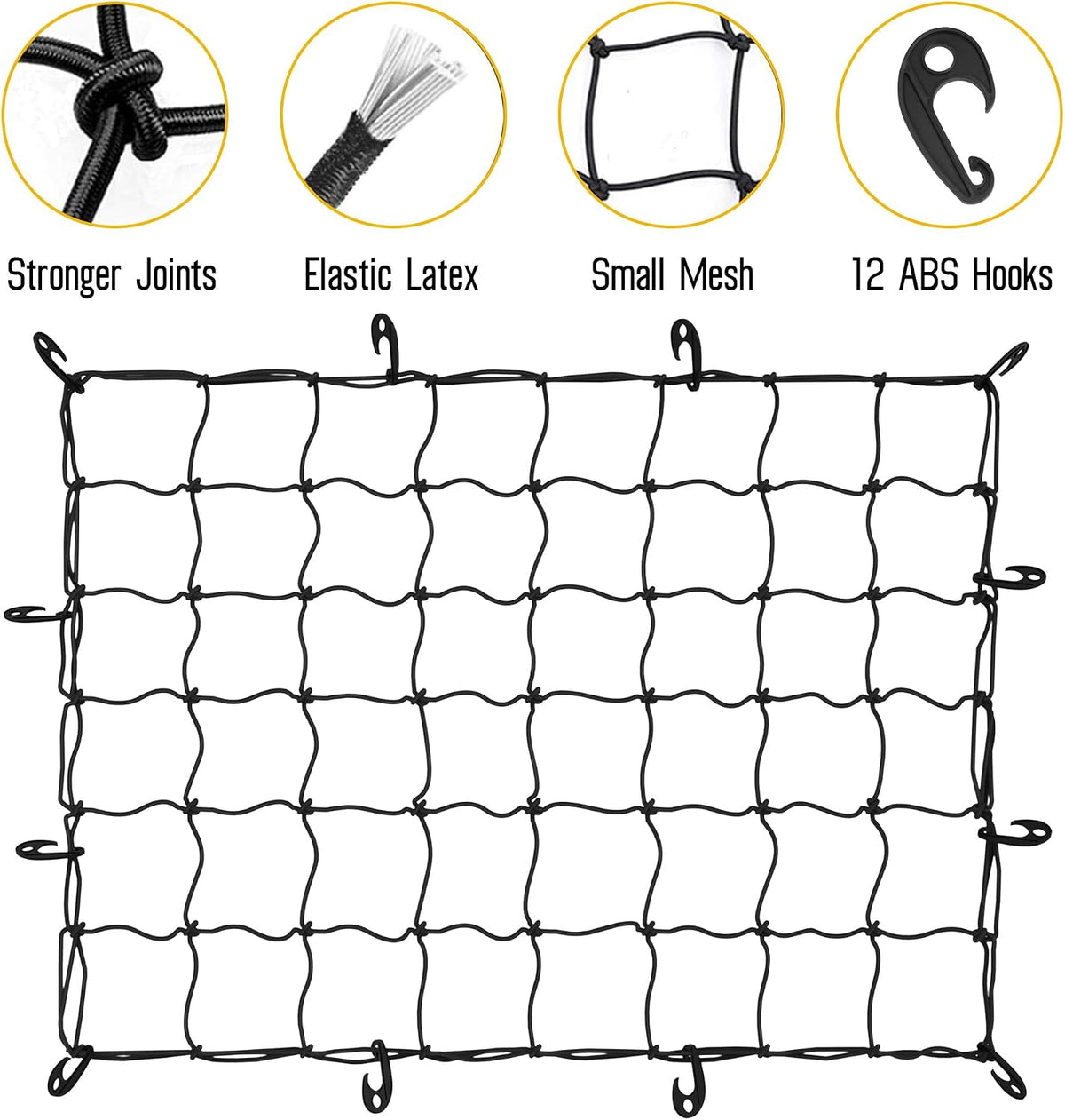 ARKSEN 36" x 48" Heavy Duty Tangle-Free Nylon Cargo Net (6" x 6" Mesh) Universal Bungee Stretches for Pickup, Truck, Bed, SUV, Roof Rack & Travel Luggage Rack