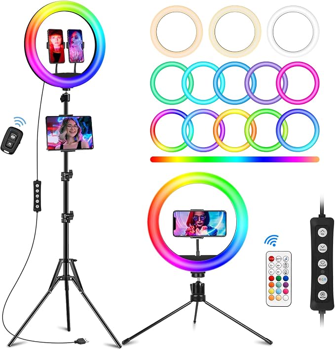STALLY 12.3" Ring Light with Stand 75" Tall and 2 Phone Holder, Ring Light