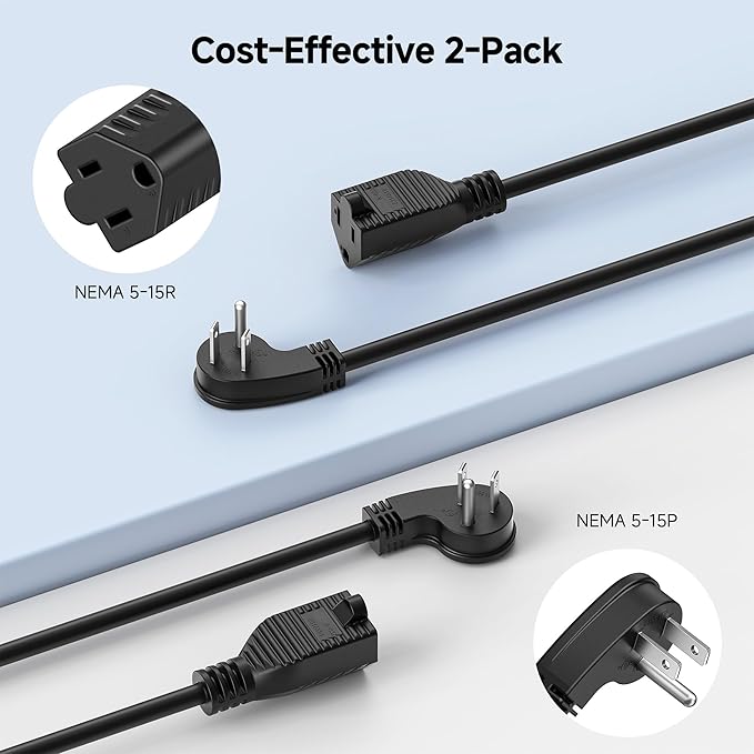 [UL Listed] Cable Matters 2-Pack Low Profile Flat Plug Short Extension Cord (Power Extension Cable) 1 Foot (NEMA 5-15P to NEMA 5-15R)