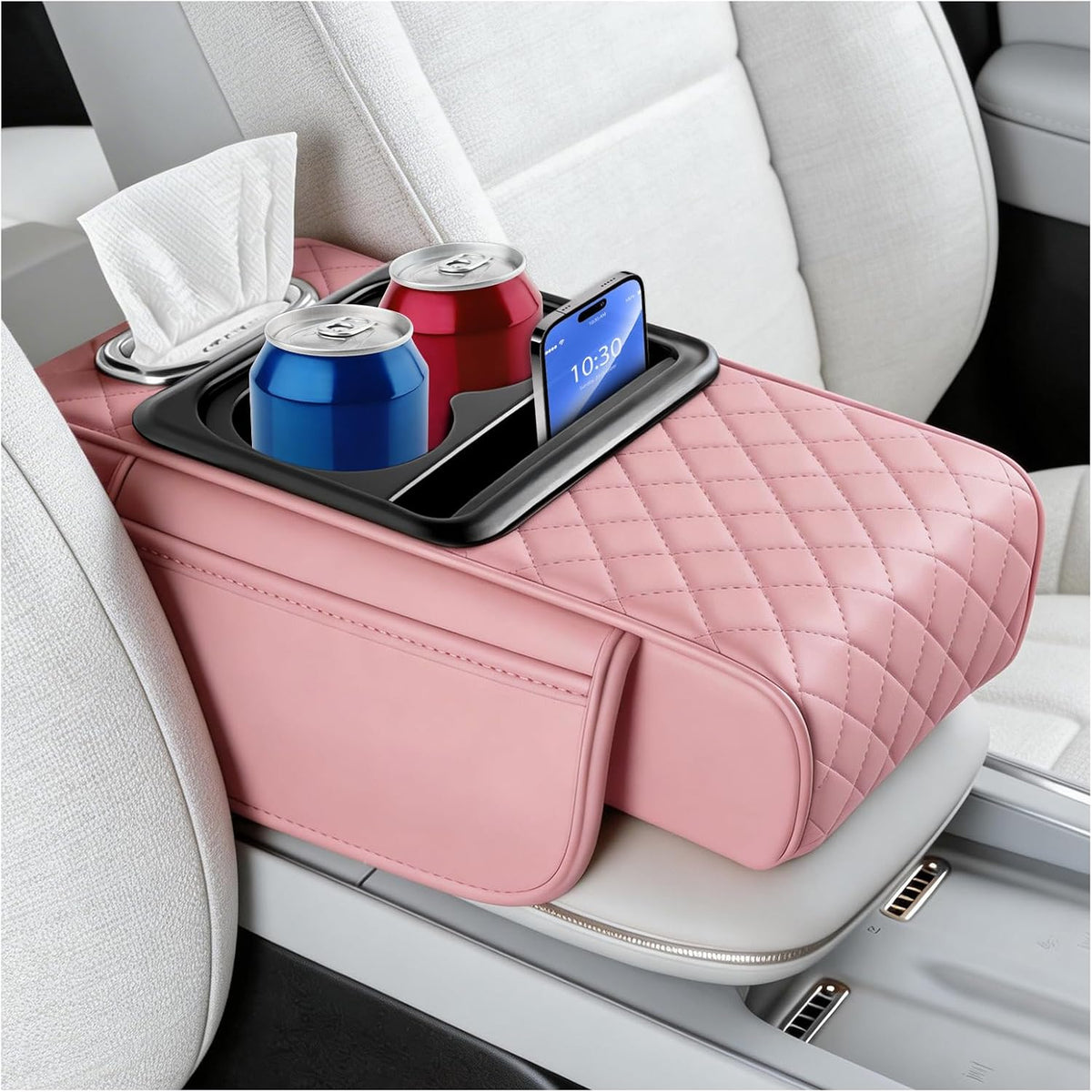 5-in-1 Car Center Console Cover,Leather Car Armrest Cover with Cup Holder/Storage Pocket/Phone Holder/Cars Tissue Holders,Thickened Cars Armrest Storage Box for Relieving Elbow Fatigue (Pink)