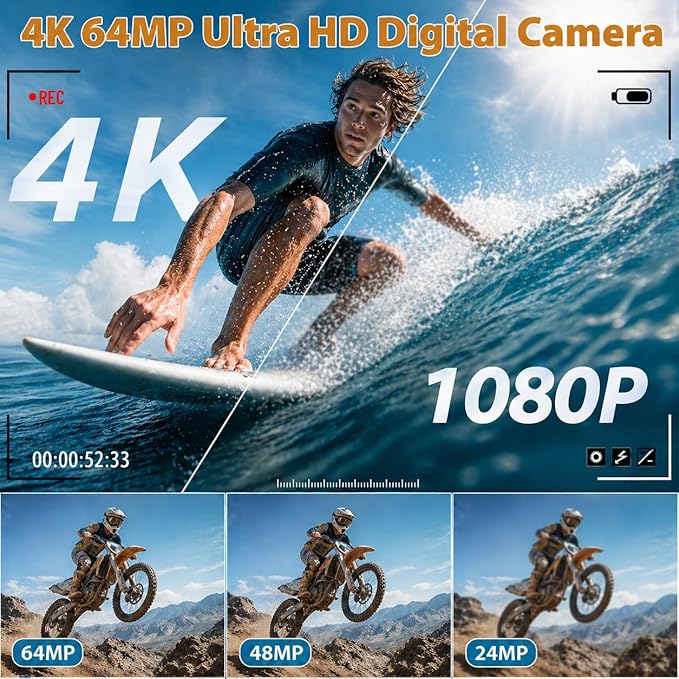 4K Digital Camera for Photography, 64MP Vlogging Camera for YouTube