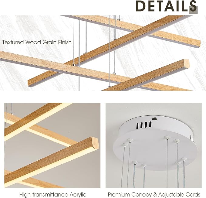 Linear Pendant Light Mdoern LED Chandelier 32" Boho Oak Wood Painted Ceiling