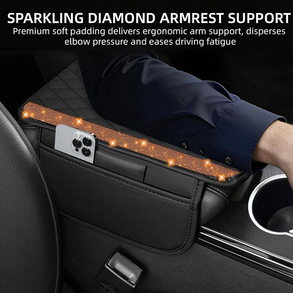 NBTEPEM Bling Car Center Console Cover, Leather Car Arm Rest Cover Cushion with 2 Storage Bags, Middle Console Cover Universal Armrest Protector Pads, Bling Accessories for Most Vehicles (Orange)