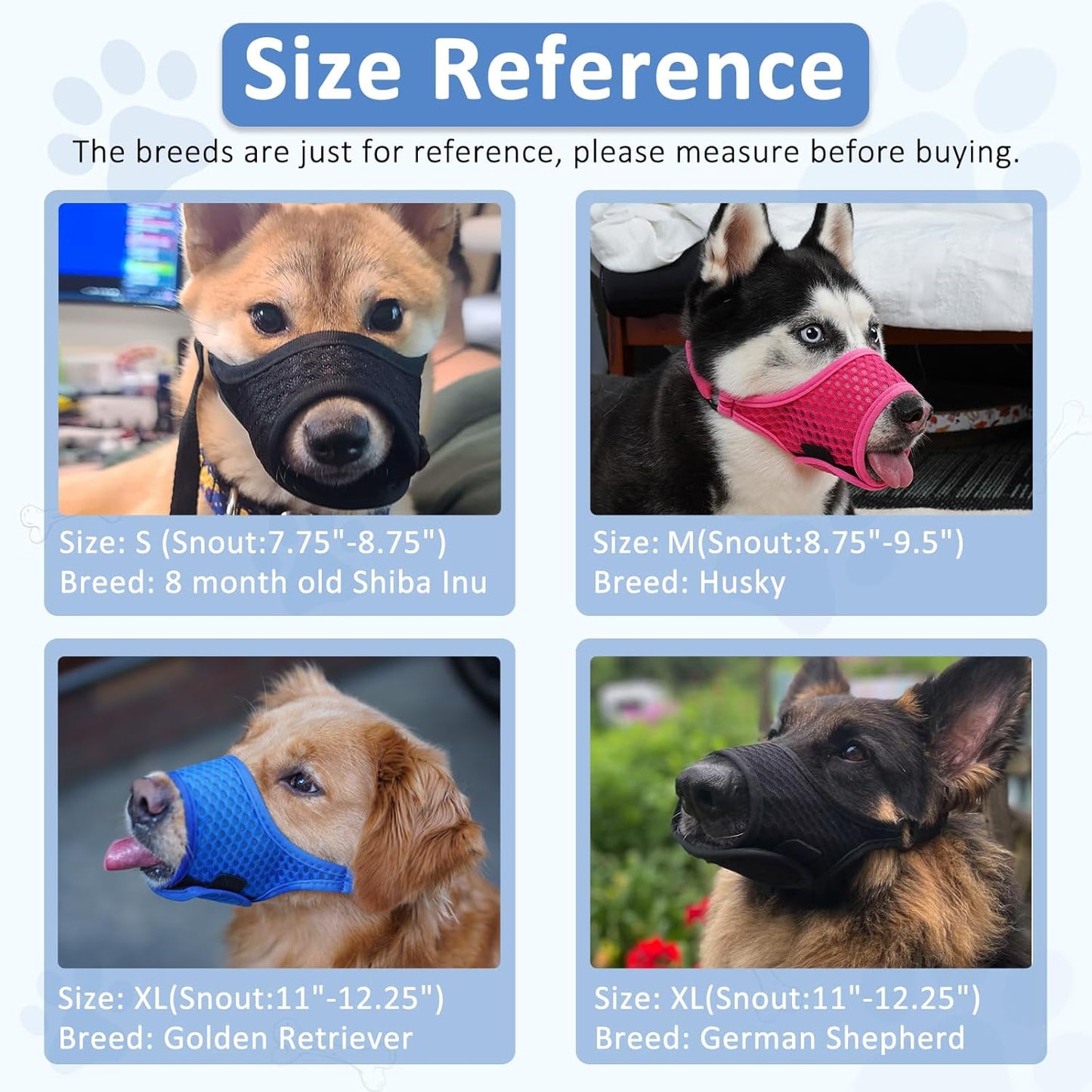 LUCKYPAW Dog Muzzle, Soft Muzzles for Large Medium Small Dogs to Prevent Biting Chewing with Ring and Adjustable Strap for Vet Visit Training (Blue, S)