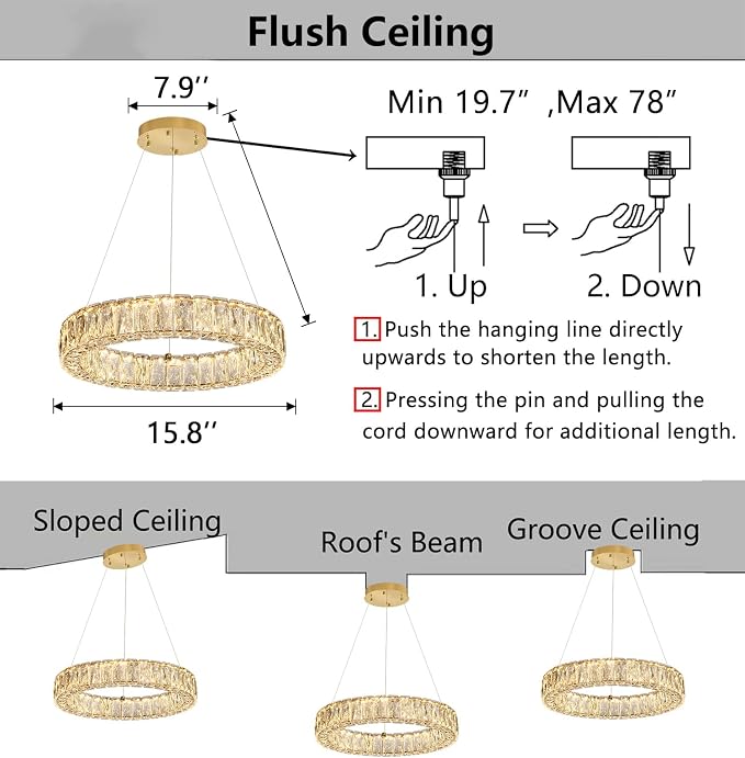 HAIXIANG Modern Crystal Chandelier Dimmable LED 16 Inch Ring Pendant Lights
