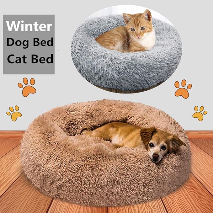 huraty Plush Dog Bed for Small Medium Dogs, Fluffy Donut Round Pet Cat Beds, Anti-Slip & Anti-Anxiety, 24 Inch for Puppy and Kitties, Gold, M
