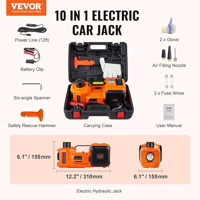 VEVOR Electric Car Jack, 5 Ton/11023 LBS Hydraulic Jack Lift with Built-in Inflatable Pump and LED Light