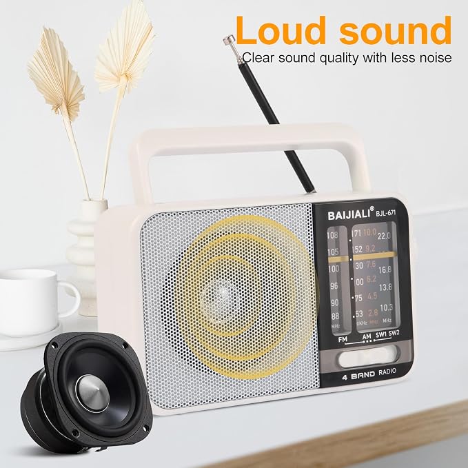 BAIJIALI AM FM SW Portable Radio - Dual Power (Battery/USB) Emergency Receiver with Loudspeaker, Transistor Design for Indoor/Outdoor, Travel & Survival Kit Ready (White, BJL-671)