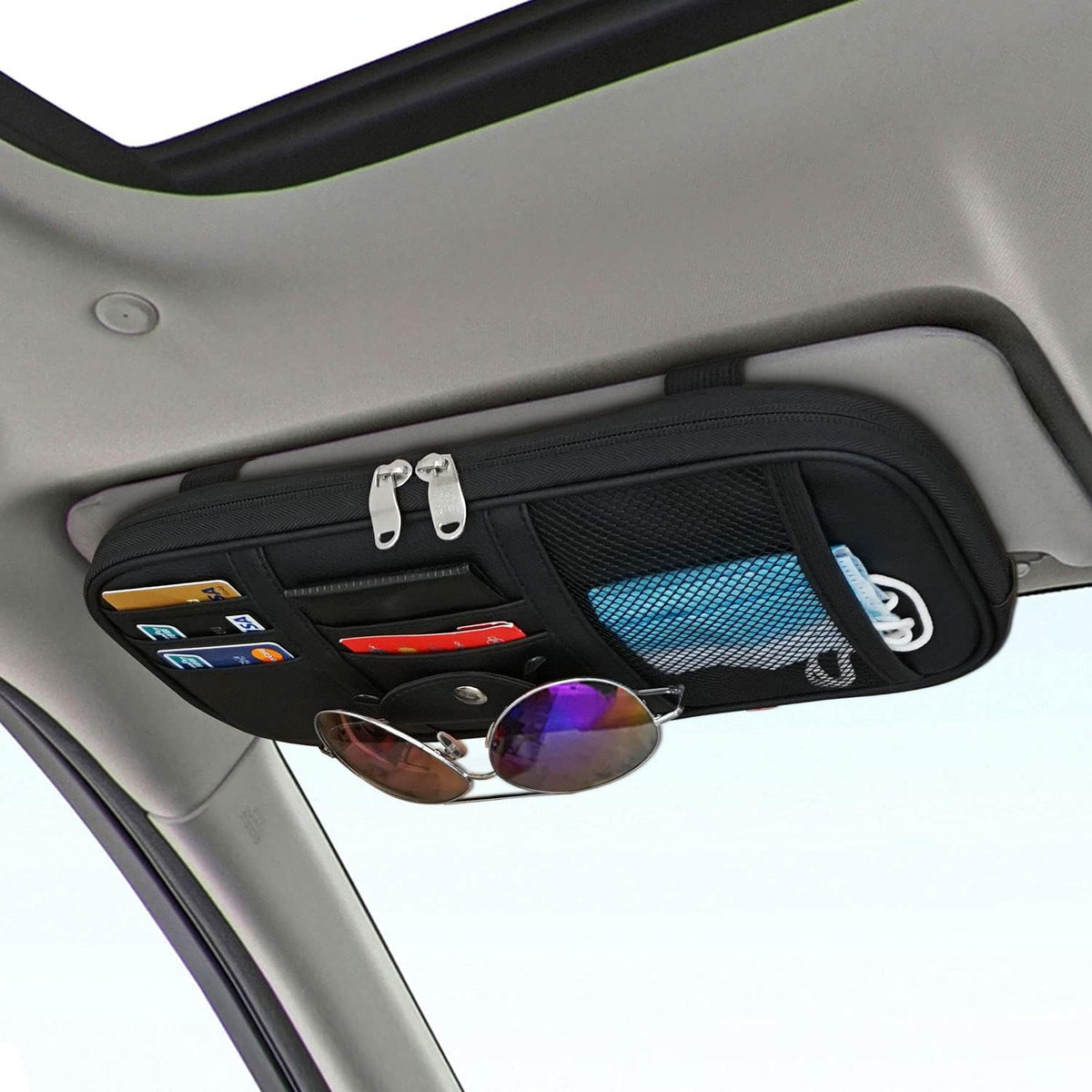 Car Sun Visor Organier Truck SUV Sun Visor Storage Pocket Pouch Holder, Multi-Pocket PU Leather with Zipper Net, for Cards Pens Sunglasses Document (Black)