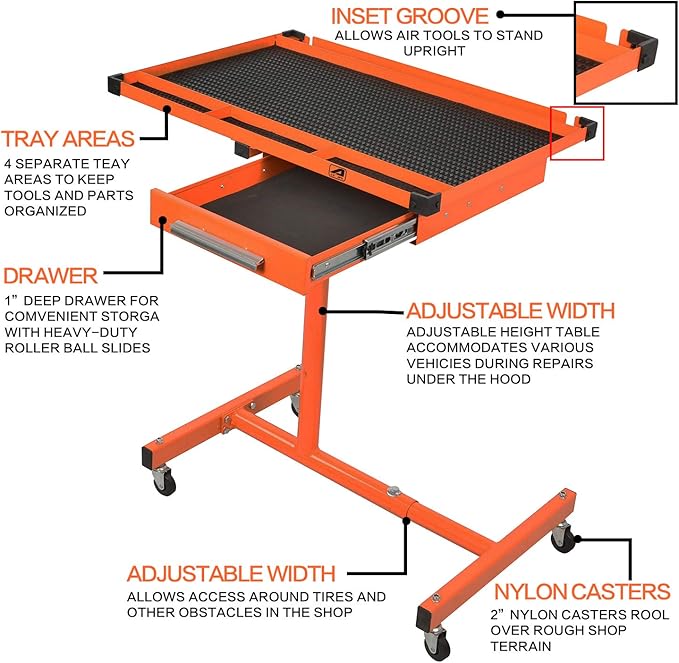 Eisen® ES8 Heavy Duty Adjustable Work Table with Drawers, Rolling Tool Tray with Wheels of 220lbs Capacity and Pro-Lift C-2036D Grey 36" Z-Creeper Seat , Black