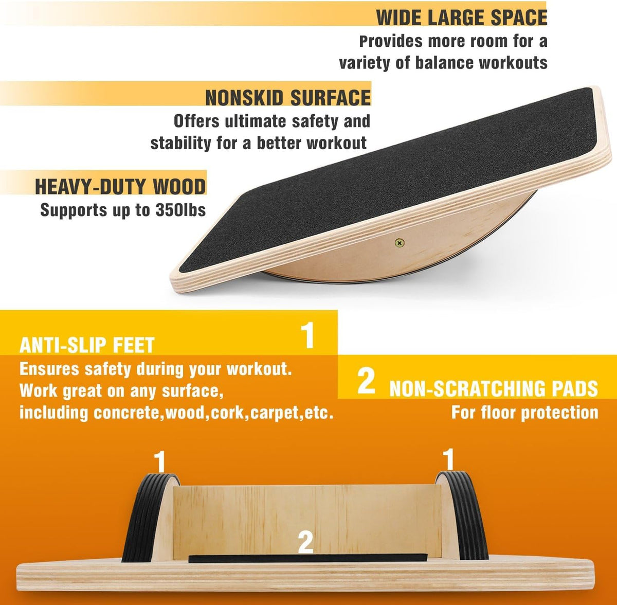 Yes4All 350LBS Professional Wooden Balance Board - Anti-Slip Wobble Board for Leg Workouts | Ideal for Standing Desks