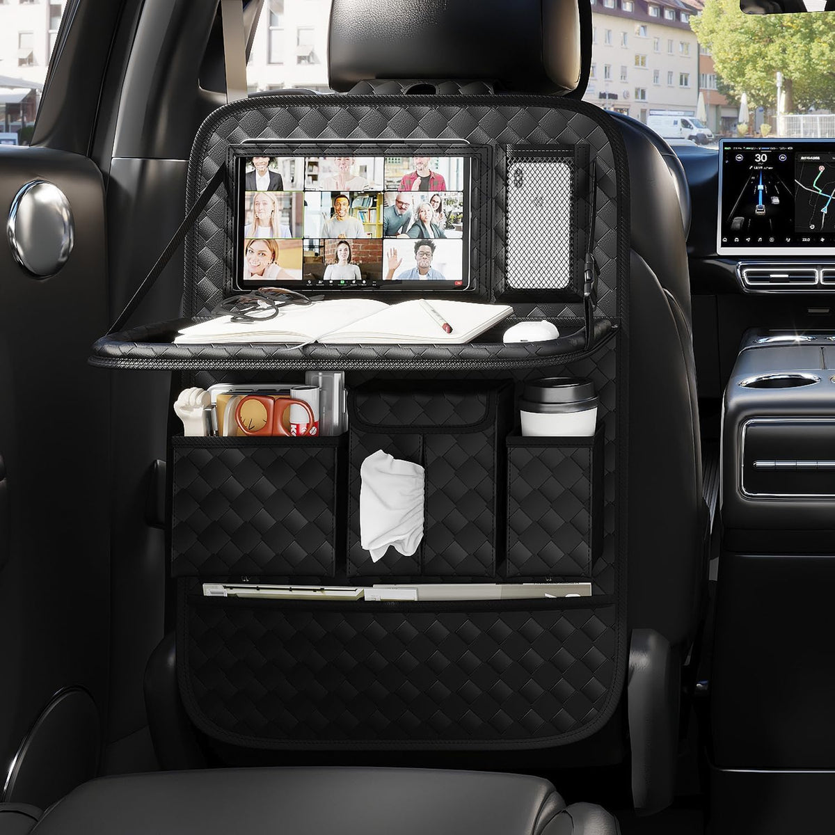 GMQ Back Seat Car Organizer 1 Pack,Backseat Organizer with Tray,Multifunctional Car Seat Back Storage Box with Foldable Tablet Holder (Beige, Plain weave)