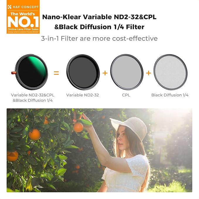 K&F CONCEPT 62mm Black Diffusion Mist Effect 1/4 & Variable ND2-32 & Circular