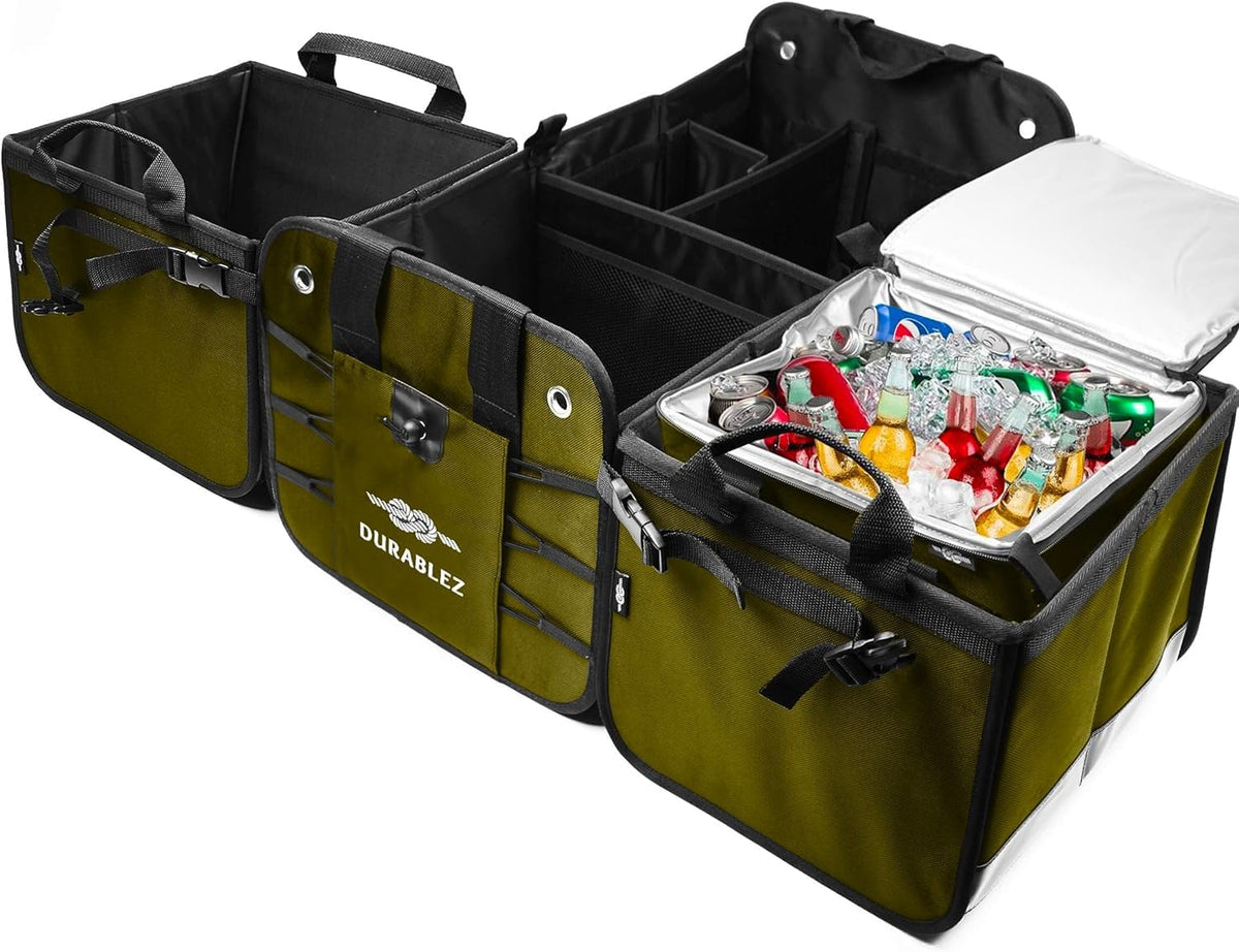 Thermal Cooler for Car Trunk – Insulated Bag for Camping, Road Trips, Groceries, Leak-Resistant, Fits Modular Organizers – Military Green