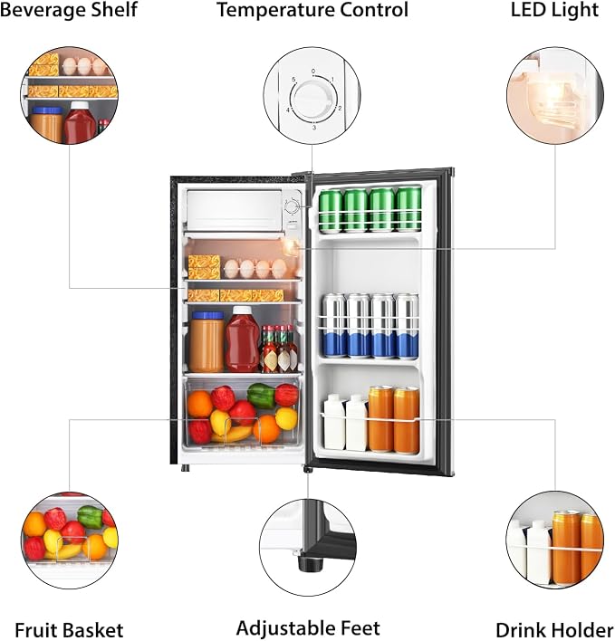 3.1 Cu.Ft Mini Fridge with Freezer, Single Door Mini Refrigerator, 7 Settings Temperature Adjustable, Compact Refrigerator for Apartment,Dorm, Office, Bedroom