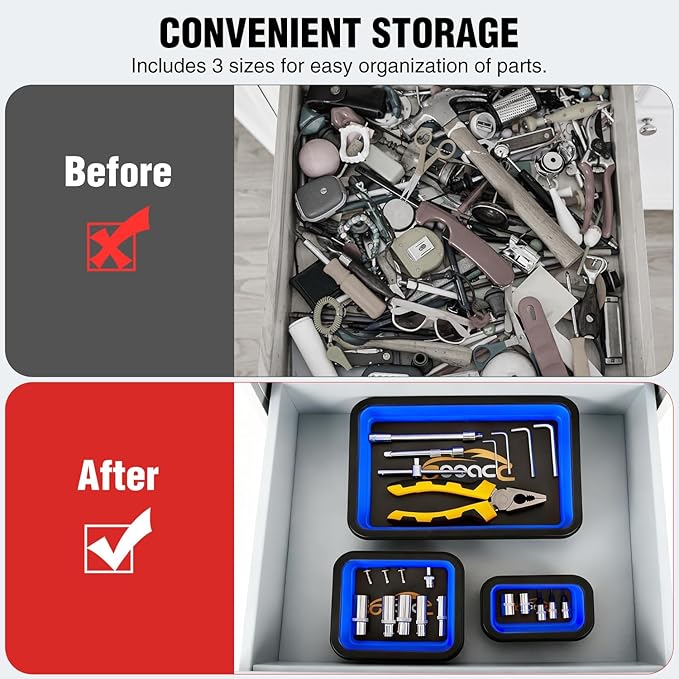 GOOACC 3 Sizes Collapsible Magnetic Parts Tray Set Blue Silicone Foldable Tool Trays Organizer for Screws Bolts Nuts Pins Washers and Other Small Metal Parts Double Sided Magnet Base