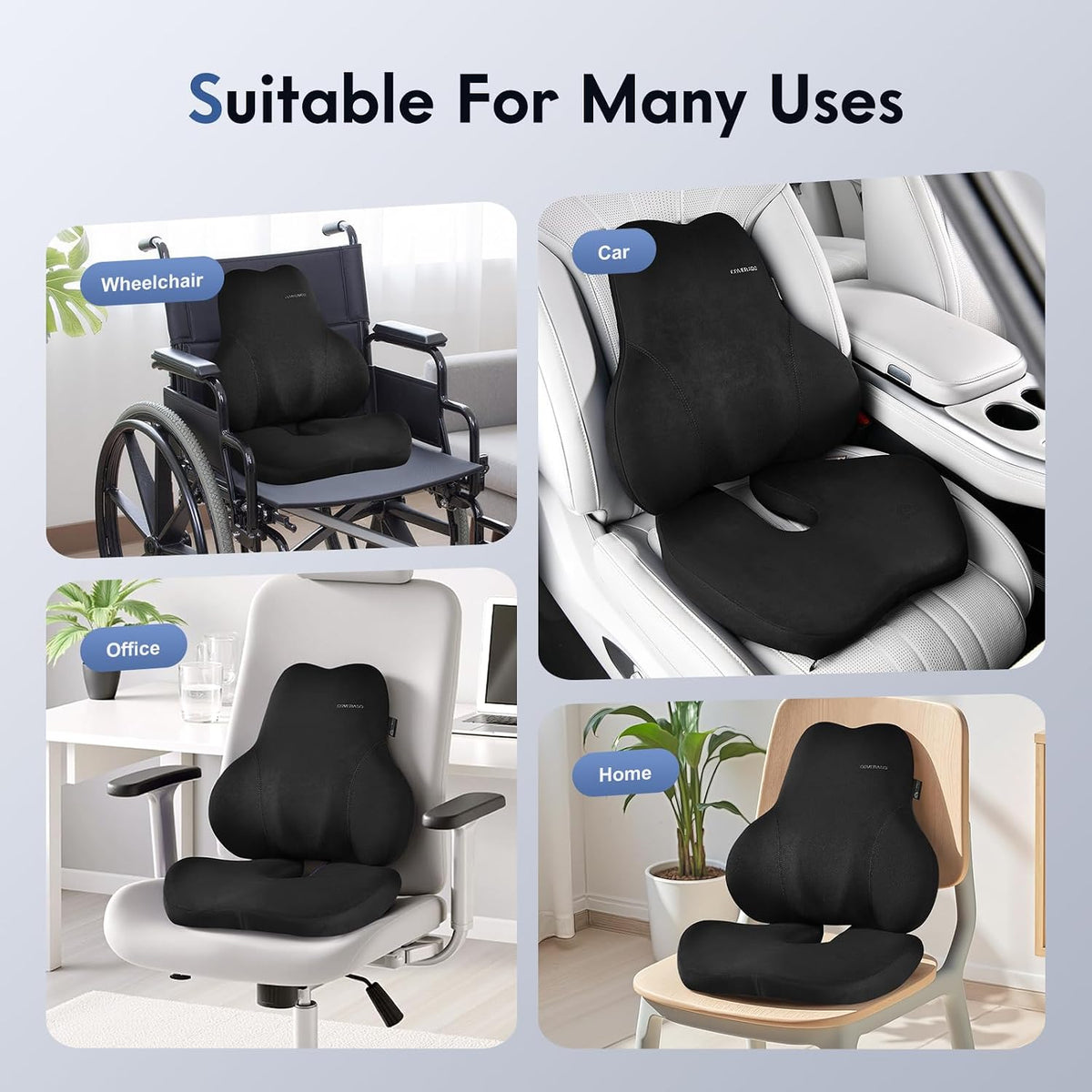 Coverado Memory Foam Car Seat Cushion and Lumbar Support Pillow for Car, Ergonomic Office Chair Cushion for Lower Back Pain Relief, Breathable & Non-Slip for Car, Home, and Office Use, Black