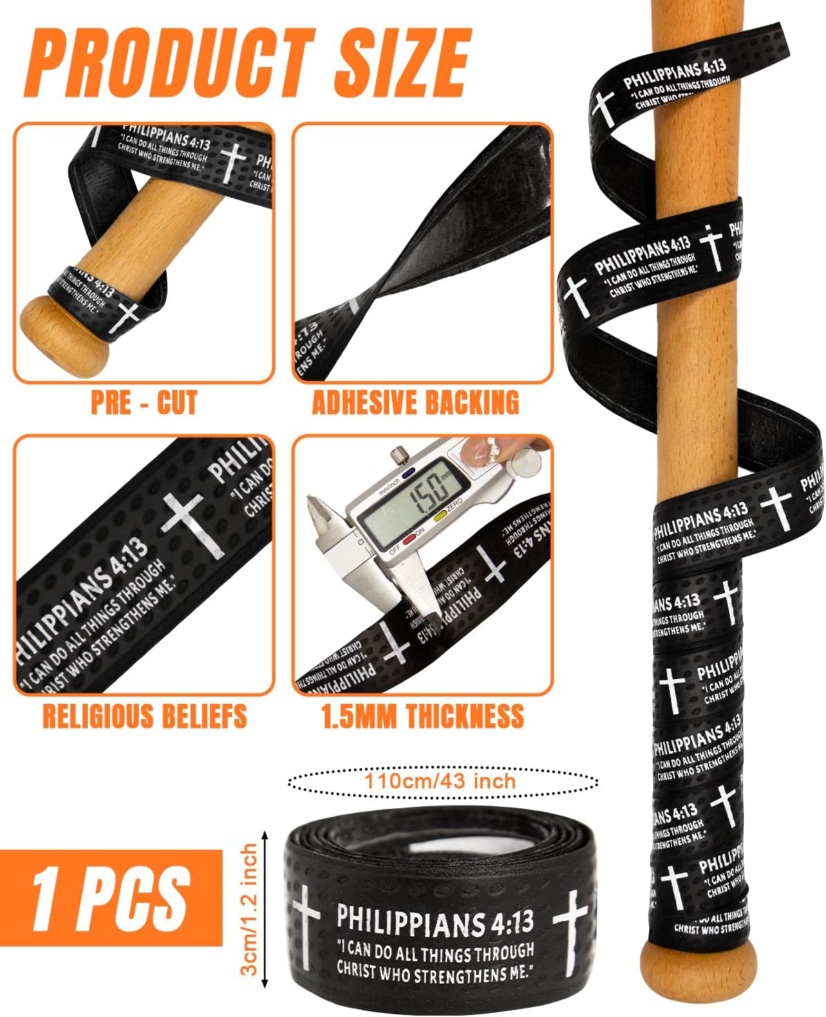 Piemow Baseball Bat Grip Tape - Faith Cross Design | Non-Slip 1.5mm Precut Adhesive for Sports