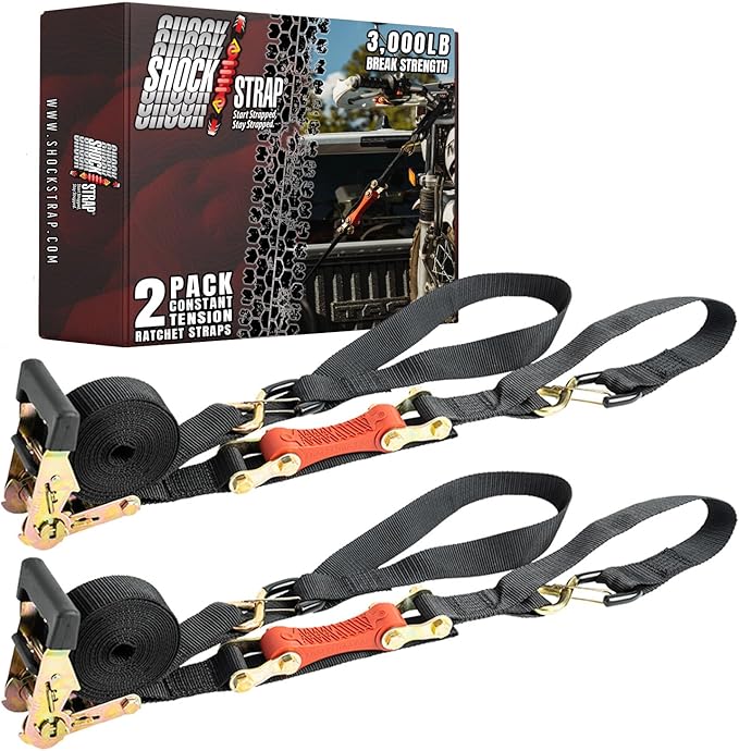 SHOCKSTRAP Ratchet Strap, 7’ x 1.5" Shock Absorbing Heavy Duty Tie Downs for Cargo, 1,000 LB WLL / 3,000 LB Break Strength, 2-Pack