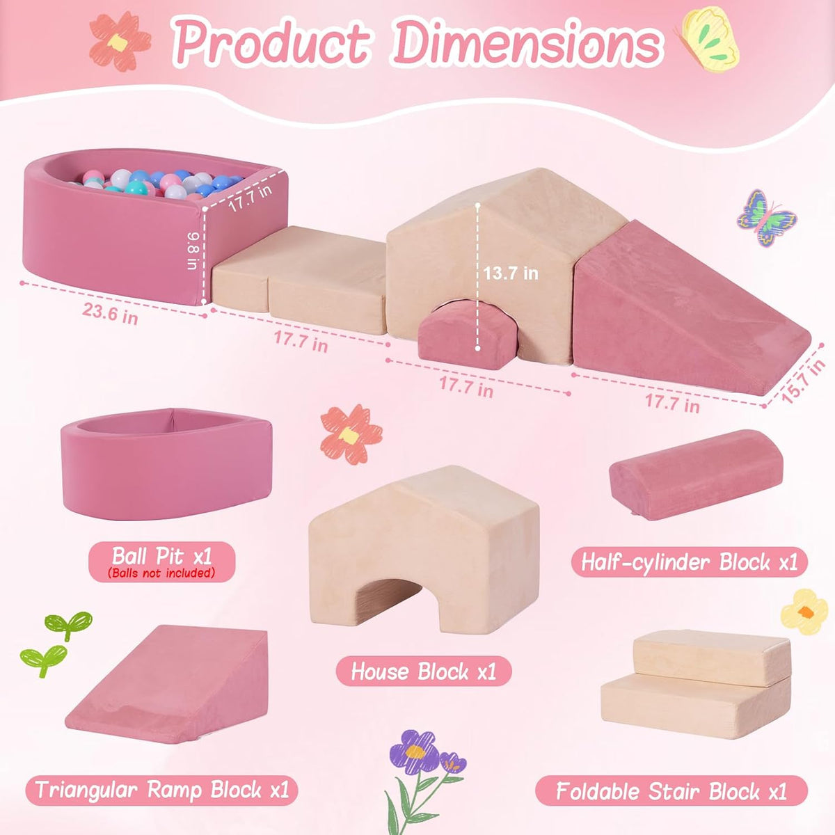 Skiennix 5-Piece Foam Climbing Blocks - Mini House-Shaped Soft Play Set with Ball Pit | Pink & Beige