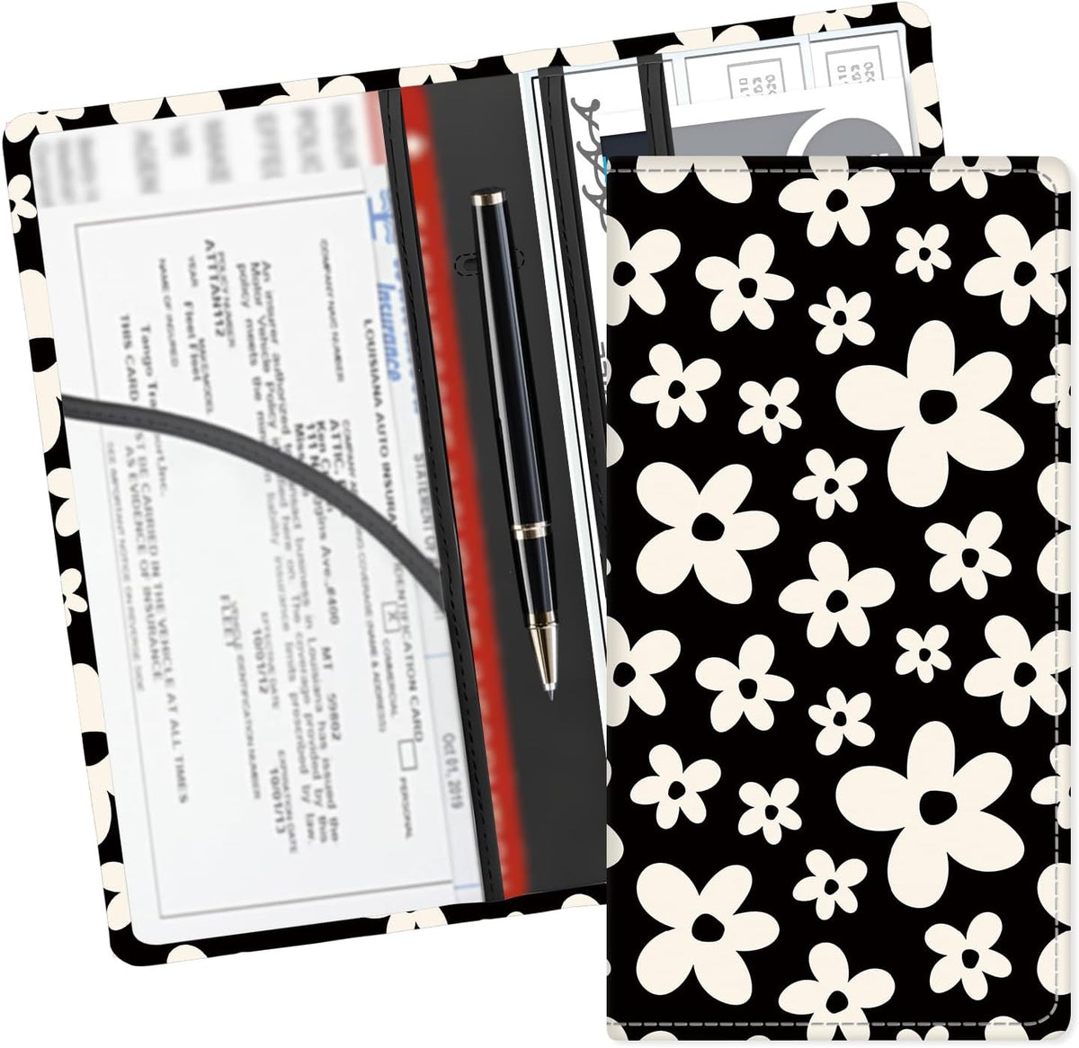 Leather Car Registration and Insurance Card Holder, Cute Car Accessories Vehicle Glove Box Car Organizer for Documents, Cards, License Black White Flowers