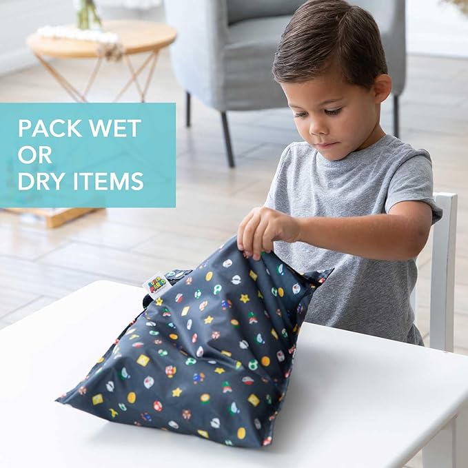 Bumkins Waterproof Wet Bag for Baby, Travel, Swim Suit, Cloth Diapers, Pump Parts, Pool, Beach, Gym Clothes, Toiletry, Hook to Stroller, Daycare, Zipper Reusable Wetdry Packing, Nintendo Super Mario