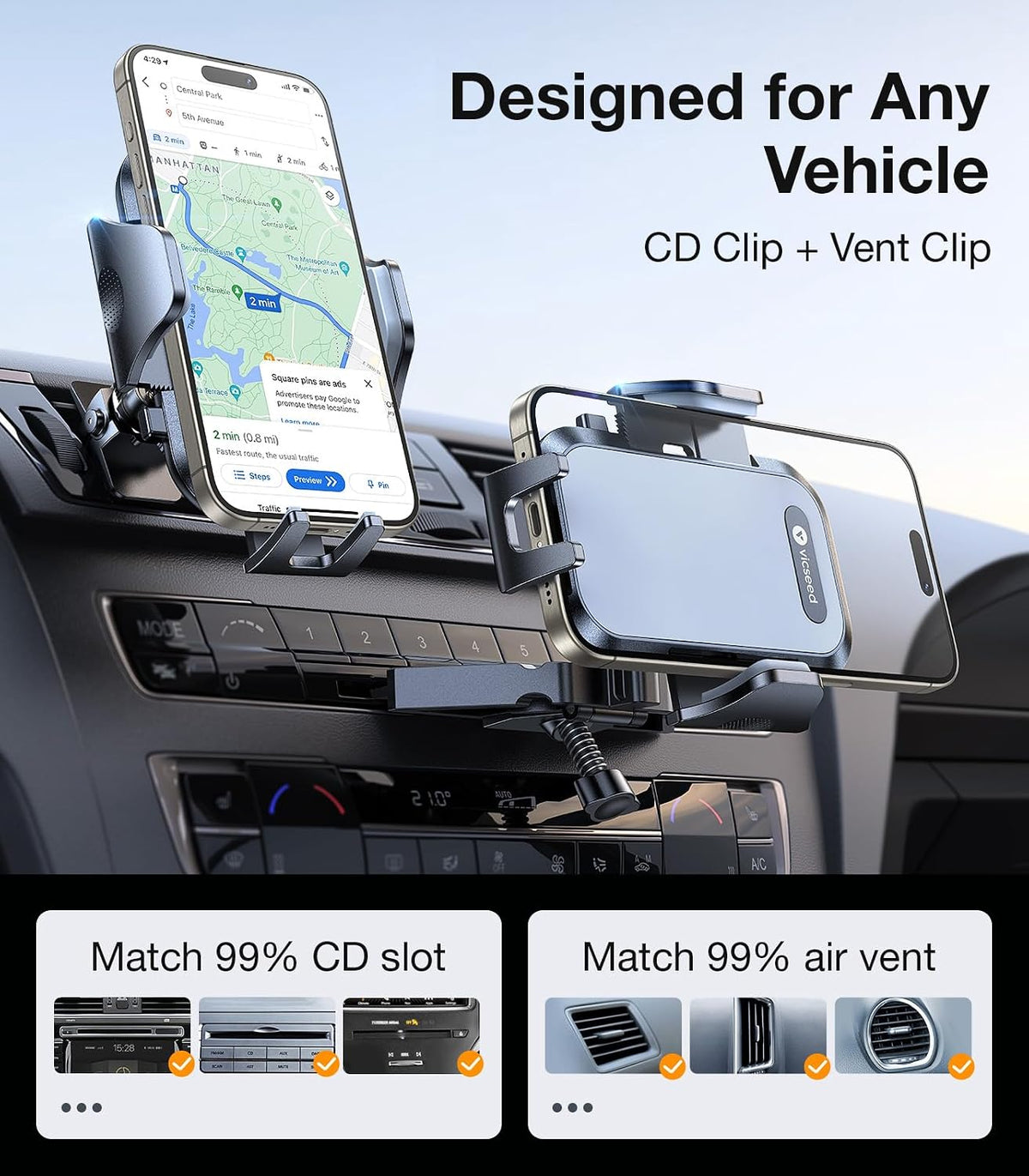 VICSEED Car Phone Holder with Metal CD Slot & Air Vent Clip [Secure Hold]