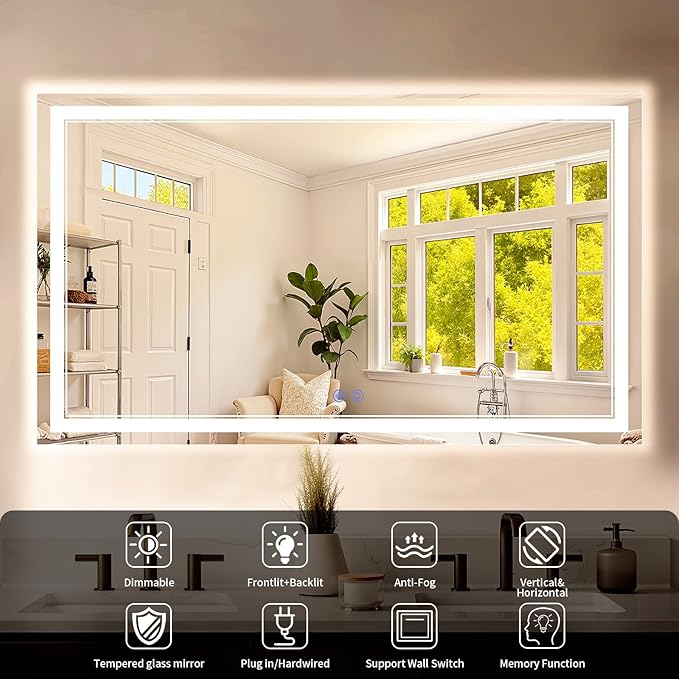 30"x60" LED Bathroom Mirror with Lights, Anti-Fog, Backlit + Front Lit, Dimmable, Led Vanity Mirror for Wall, Lighted Bathroom Mirror, 3 Colors, Shatter-Proof Tempered Glass