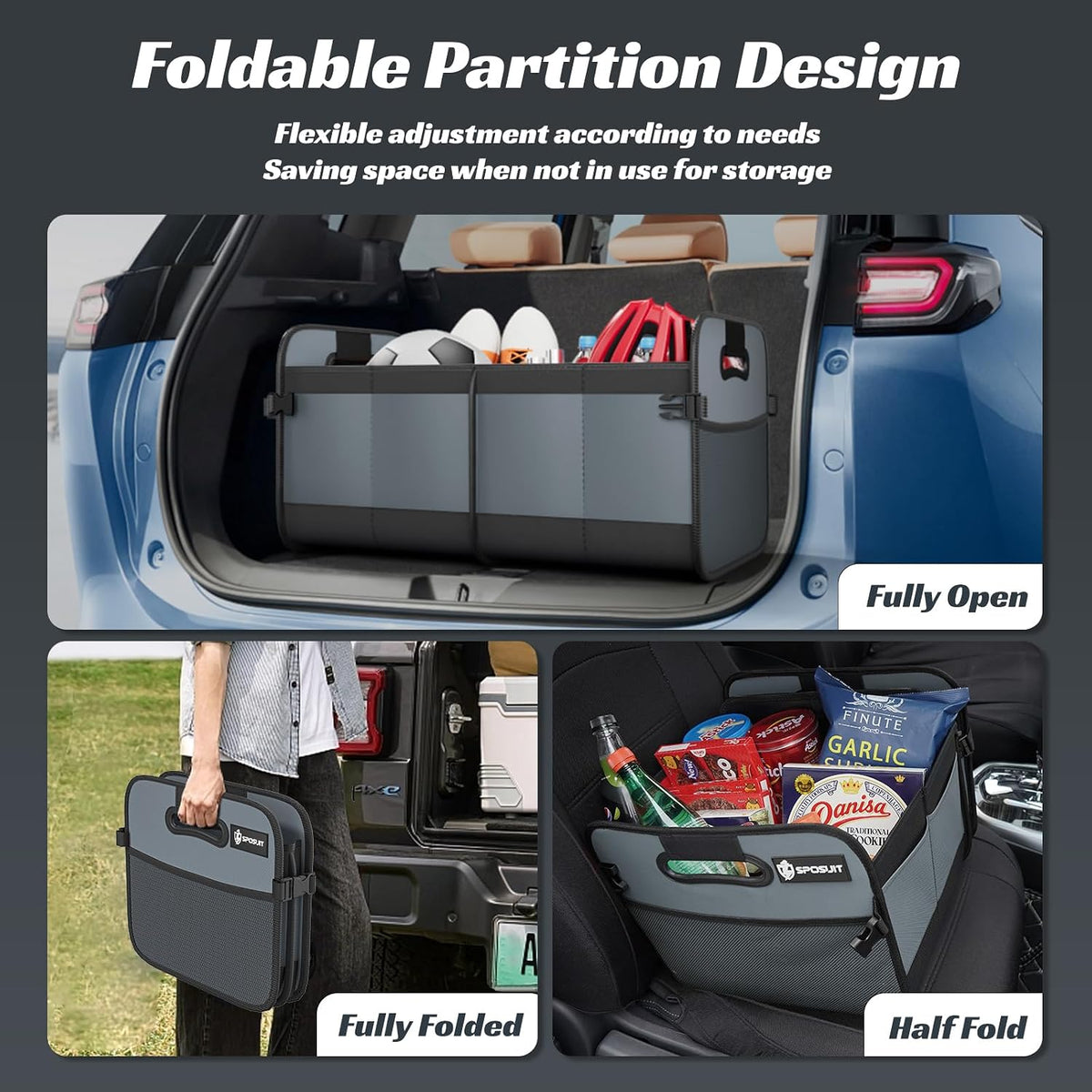 Sposuit Trunk Organizer for Car - 70L Collapsible Car Storage with 11 Pockets & Reinforced Handles, SUV Trunk Organizers for Grocery Cargo(Grey)