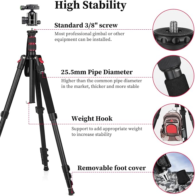 81" Professional Tripod for Camera & Phone -Tall, Compact Travel Tripod Stand
