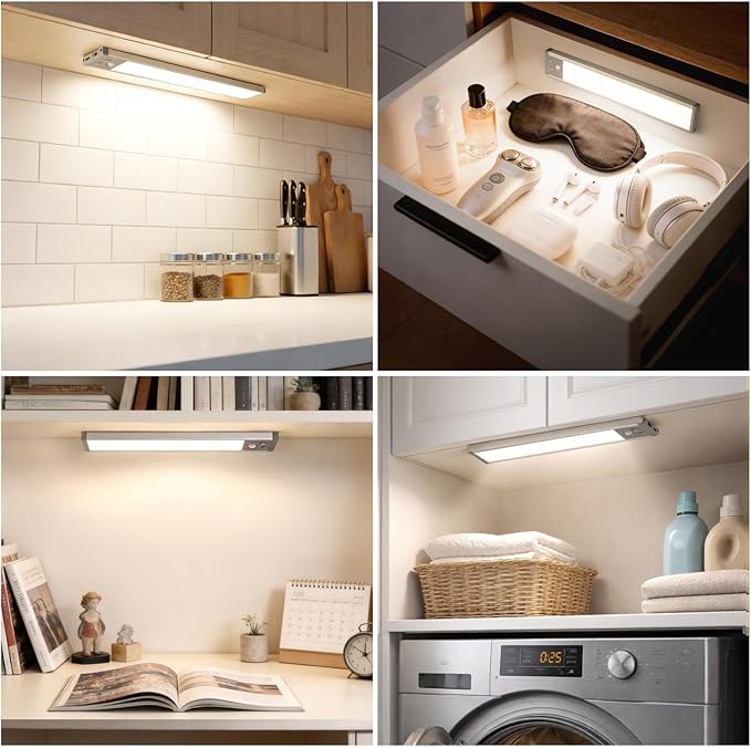 Under Cabinet Lighting, LED Motion Sensor Light Indoor with 3 Color Temps, 1500mAh USB Rechargeable Closet Lights, Dimmable Wireless Under Counter Lights for Stairway, Wardrobe, Kitchen(9Inch, 2 Pack)