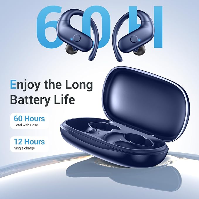 Sport Wireless Earbuds,60Hrs BT5.4 ENC IPX7 Waterproof Earhooks Deep Bass | 14.2mm drivers deliver rich stereo sound. Soft silicone ensures a secure, painless fit for long workouts.