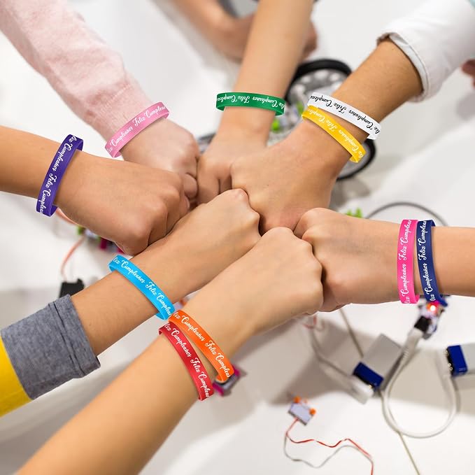 100 Pcs Spanish Happy Birthday Rubber Bracelets Bulk 10 Assorted Color Feliz