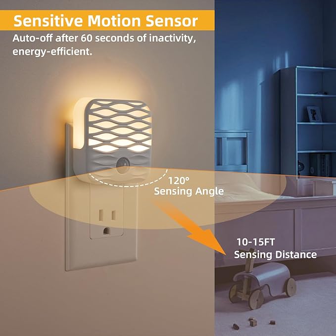 Dawnrise 3 Pack Night Lights Plug into Wall,Motion Sensor Nightlights Indoor with Warm White for Stairs, Hallway, Living Room, Kitchen, Entrance, Bathroom, Office
