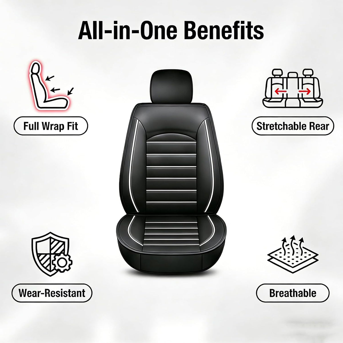 YQ Faux Leather Seat Covers Black White Universal 2 Row Anti-Slip Full Set