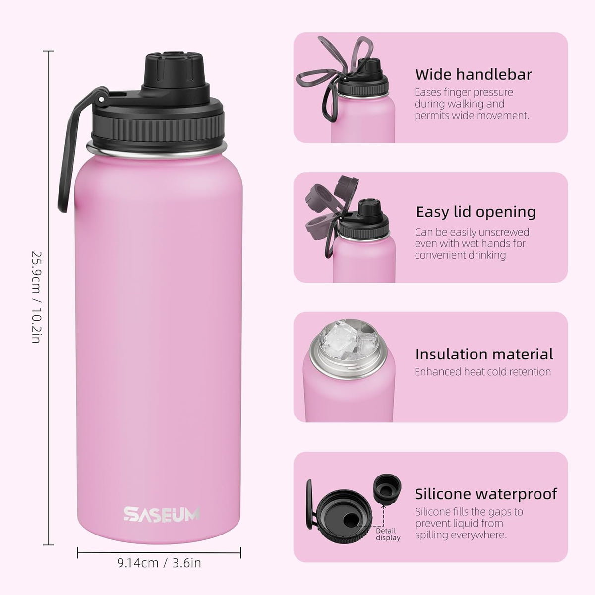 SASEUM 32oz Stainless Steel Sport Water Bottle - Double Wall Insulated Mug with Leak-Proof Spout | Pink