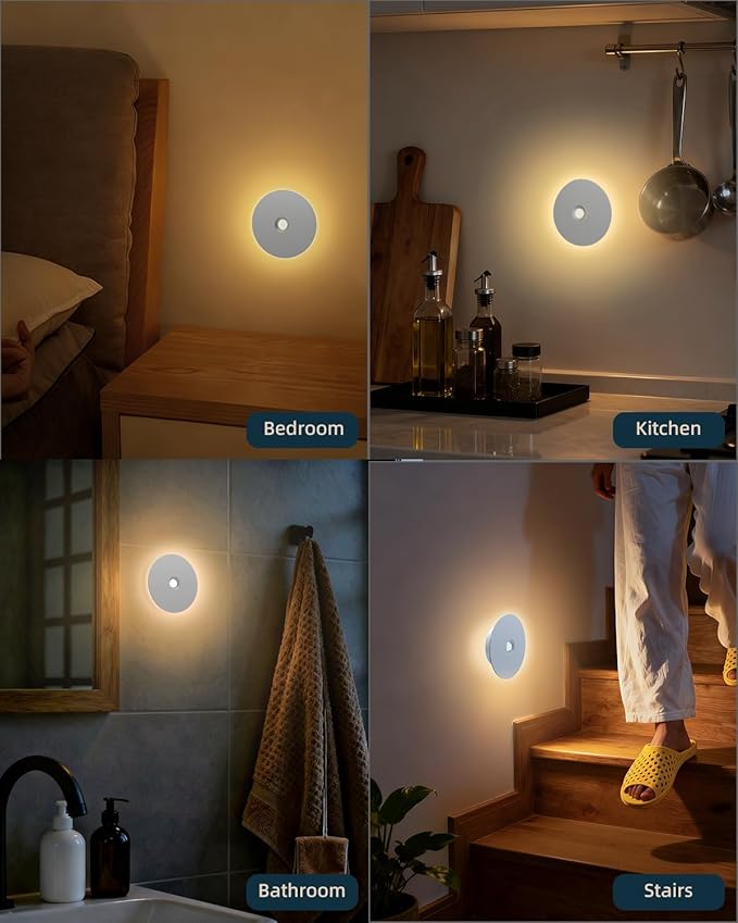 Yiliaw Motion Sensor Night Light, Rechargeable Nightlight Indoor, Dimmable Warm White with Wireless Magnetic Mount, Adjustable Brightness & 3 Color Temps for Hallway, Stair, Bathroom, Closet (4 Pack)