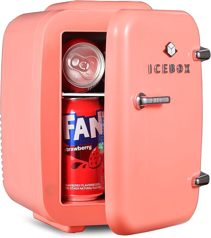 IceBox 4-Liter Mini Fridge Cooler/Warmer, IBMF4BLS, Blush Red | Portable Refrigerator Holds 6 Cans, Compact for Skincare, Beverages and Food, Includes 120V AC and 12V Car Adapters