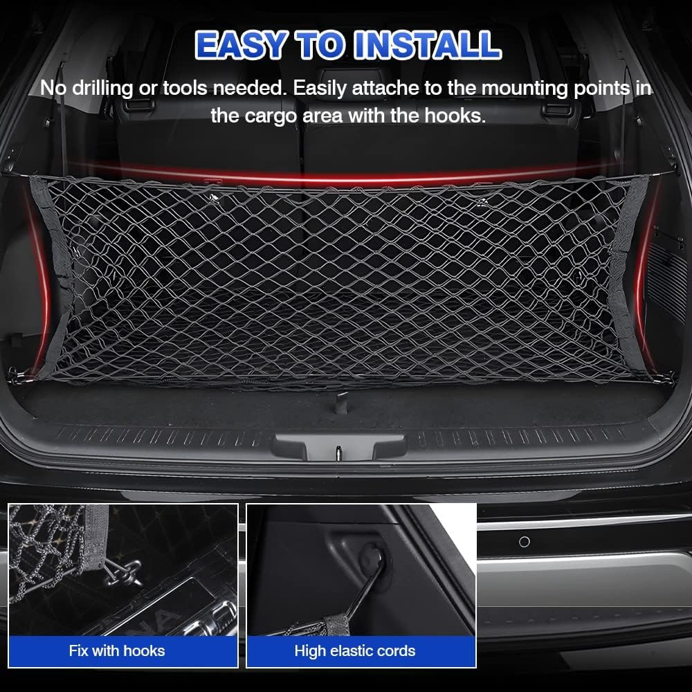 Karltys Envelope Style Cargo Net for Nissan Pathfinder 2022-2024 2025 2026, Highly Elastic Pathfinder Rear Trunk Cargo Net, Heavy Duty Nylon Mesh Storage Netting Organizer with Durable Hooks