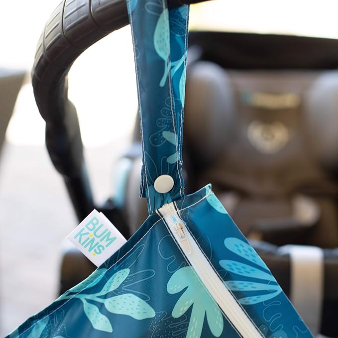 Bumkins Waterproof Wet Bag, Washable, Reusable for Travel, Beach, Pool, Stroller, Diapers, Dirty Gym Clothes, Wet Swimsuits, Toiletries, 12x14 – Blue Tropic